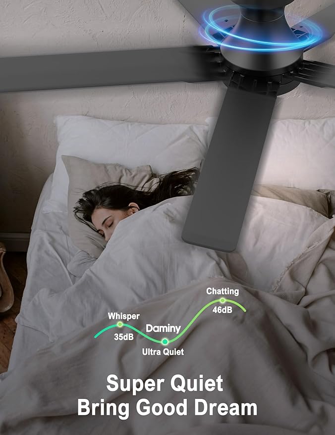 DAMINY 52 inch Black Ceiling Fans with Lights,5 Blades,6CCT, Low Profile,Remote Control,for Bedroom, Kitchen,Living Room,Indoor/Outdoor Use,Flush Mount
