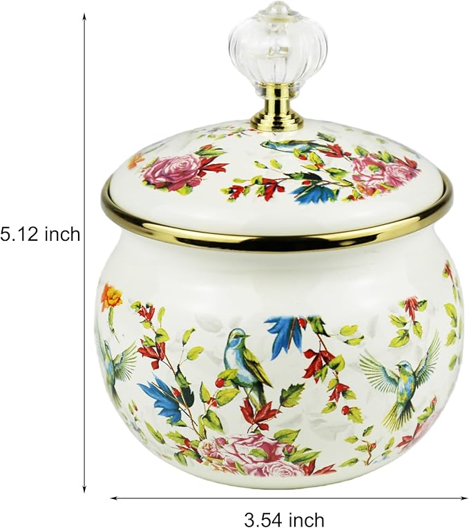 Flowers Birds Enamel Sugar Bowl Seasoning Jar Vintage Tea Canister Spice Box Retro Coffee Candy Storage Pot Bohemian Salt Container Jar for Home Kitchen Decor
