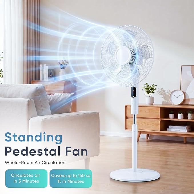 NEWBULIG 17" Pedestal Fan with Remote, 15H Auto Timer, Quiet Standing Fan for Bedroom, Living Room & Office, 3 Speeds, 3 Modes, Adjustable Height & 80° Oscillation
