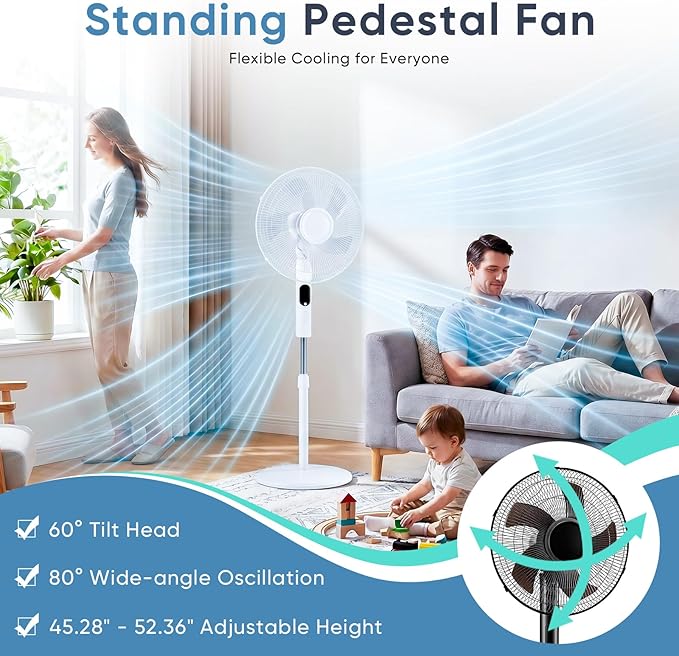 NEWBULIG 17" Pedestal Fan with Remote, 15H Auto Timer, Quiet Standing Fan for Bedroom, Living Room & Office, 3 Speeds, 3 Modes, Adjustable Height & 80° Oscillation