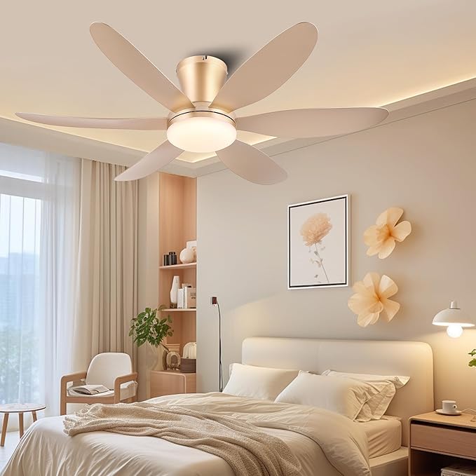 GJeg Ceiling Fans with Lights,42" Low Profile Ceiling Fan with Light and Remote Control,Flush Mount, Reversible, Dimmable, Noiseless,Gold Ceiling Fan for Bedroom