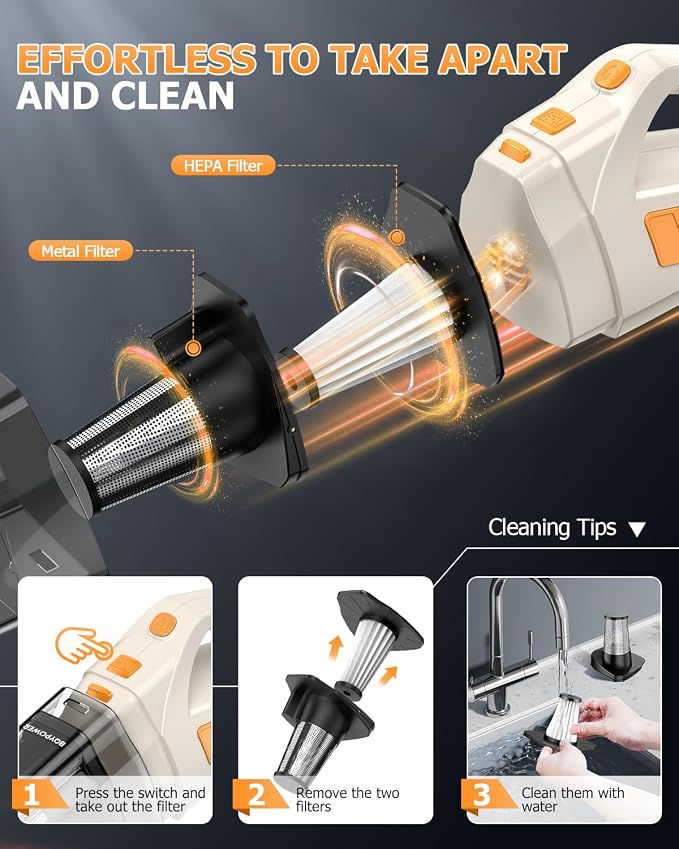 BQYPOWER 16000PA Handheld Vacuum Cleaner Cordless Rechargeable for Car Home | Powerful Strong Suction with Multiple Accessories, Portable Hand Held Car Vacuum Cleaner High Power for Detailing Cleaning