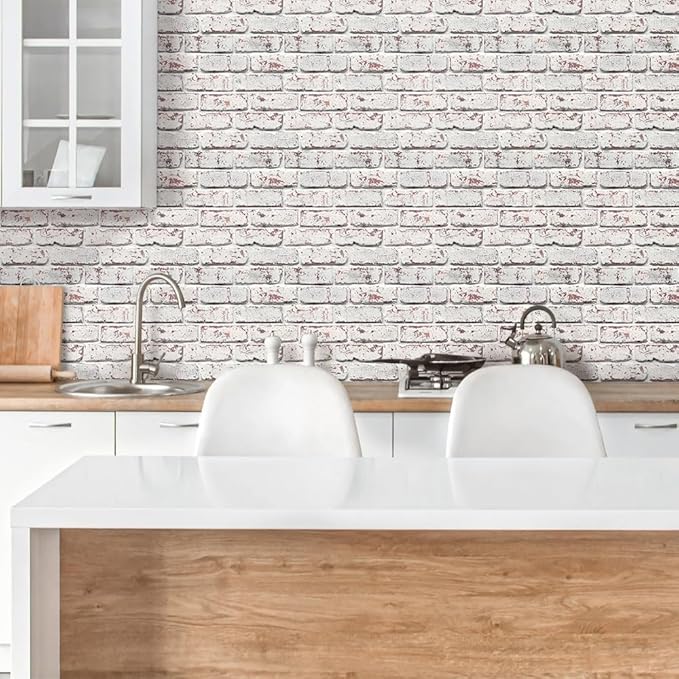 3D Whitewash Brick Wall Panel Peel and Stick,10 Pcs of 12"X12" Small Size Thin PVC Fake Brick Self Adhesive Brick Backsplash Faux Brick Paneling for Interior Wall Decor