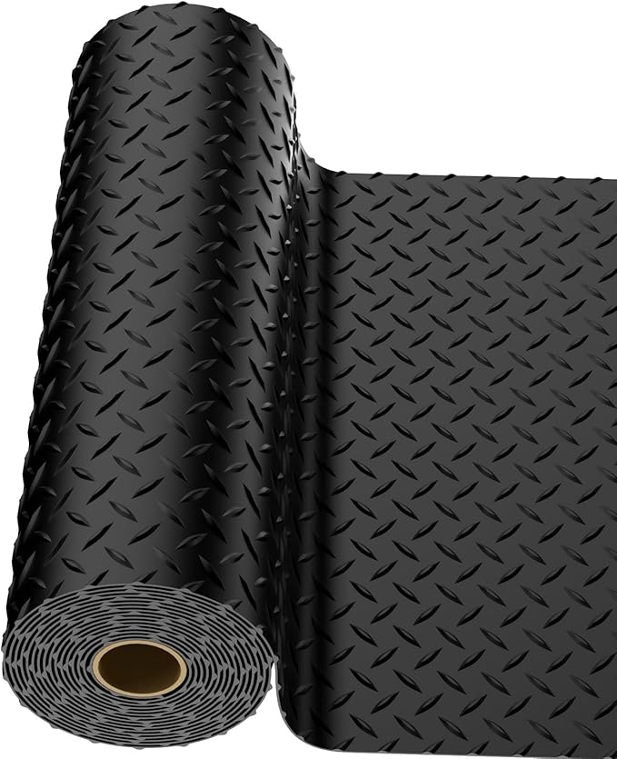 4x30 FT Garage Floor Mat, 2.8mm Thickened PVC Flooring Roll for Under Car, Golf Cart Parking Mat, Diamond Plate Black Motorcycle Mat for Warehouse, Basement, Gyms, Trailer（Included Tapes）