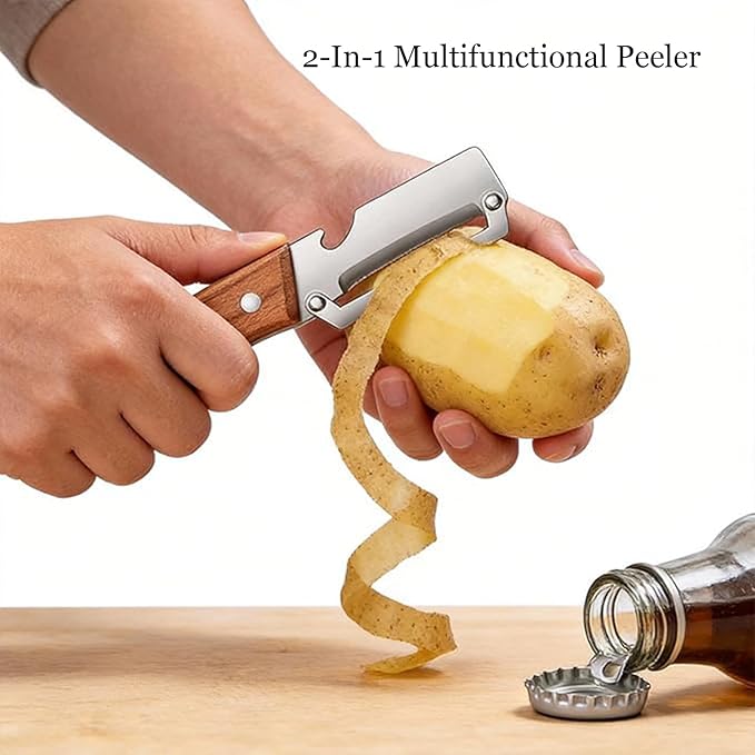 2.5 mm Micro Drag Peeler, Kitchen Multi-Function Heavy-Duty Steel Peeler, Multifunctional Fruit and Vegetable Peeler, 2-in-1 Peeler Tool with Wooden Handle, Smooth Peeling for Potato & Carrot (2PCS)
