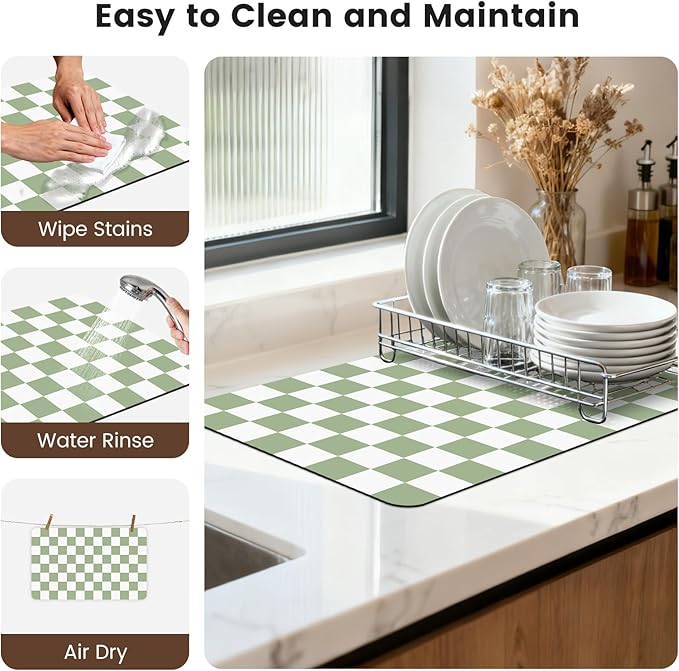 16" x 24" Checkered Dish Drying Mat for Kitchen Counter, Absorbent Coffee Bar Mat for Espresso Machine Coffee Countertops Accessories, Sage
