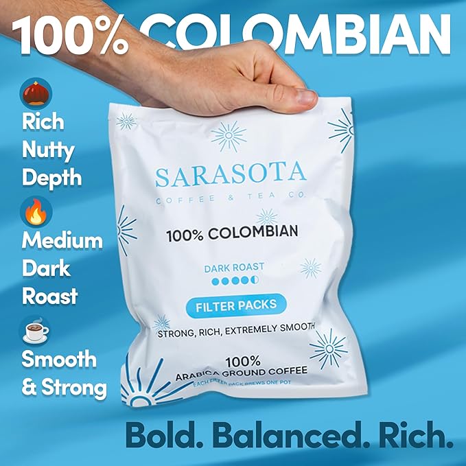 100% Colombian Coffee Packets, 2 oz, 40 Count, Dark Roast Low Acid Mold Free Ground Coffee, 3rd Party Tested, Premeasured for 10-12 Cup Drip Coffee Makers