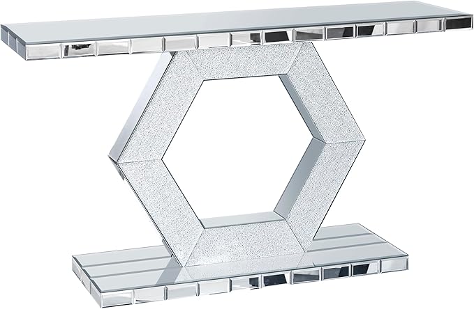 SSLine Mirror Console Table for Living Room 55" Modern Mirrored Entryway Table with Shiny Hexagon Base Luxury Glass Foyer Tables for Entryway Hallway