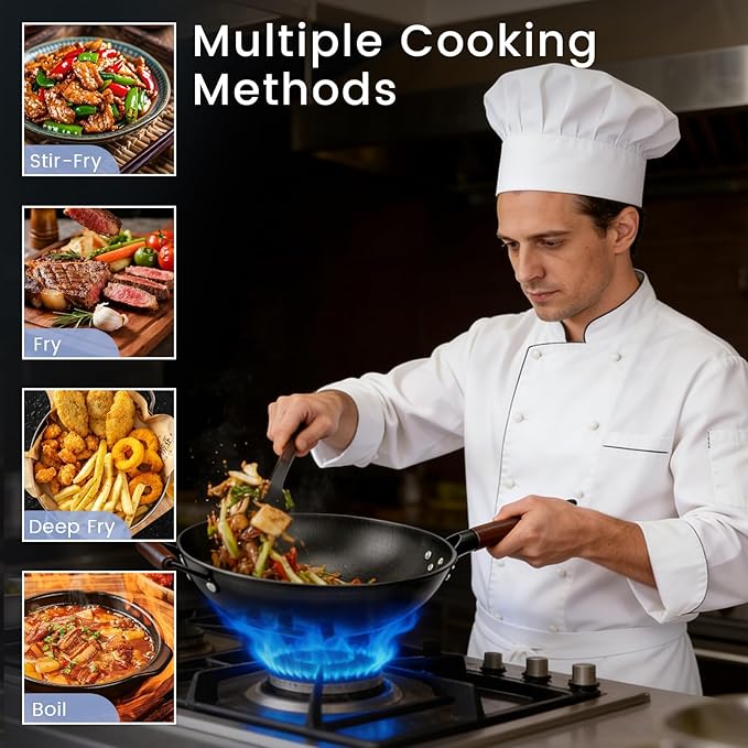 Carbon Steel Wok - 13" Woks & Stir-Fry Pans Nonstick, Wok with Lid, Fast Heat Conduction, Uniform Heat Conduction Flat Bottom Woks, Professional Chef Cookware