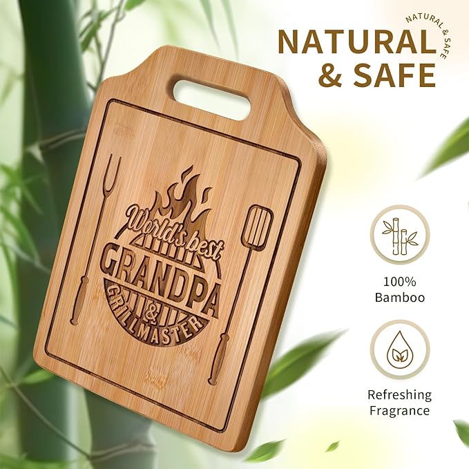 AceThrills Grandpa Gifts for Grandpas Christmas Gifts, Birthday, Fahthers Day - Grill Master Engraved Bamboo Cutting Board 12.3"L x 8.7"W x 0.4"Th (World's Best Grandpas)