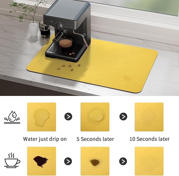 Ecotrim Absorbent Coffee Mat , Stain Hiding PU Leather Surface, Non-Slip Natural Rubber Backing, Quick Dry Mat for Espresso Machine, Kitchen Counter ,Yellow | 17" x 31.5"