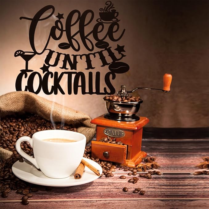 Ferraycle Coffee Bar Decor, 12 x 10.2 Inch Sign for Wall Metal Rustic Hanging Wall Art Vintage Black Cup Letter Sign for Cafe Home Office Kitchen(Coffee Until Cocktails)