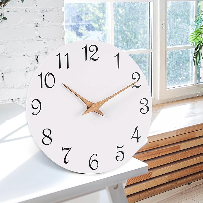 Mosewa Wall Clock White Silent Non Ticking Battery Operated Simple Minimalist Wooden Clock Decorative for Home Bedroom Living Room(14 Inch)