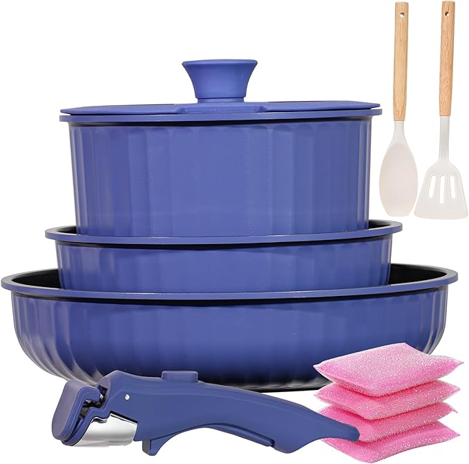 Vivicreate 11 Piece Pots and Pans Set Nonstick with Removable Handle, Induction Cookware, Stackable Kitchen Set for RV Camping Apartment, Frying Pan and Saucepan (Blue)
