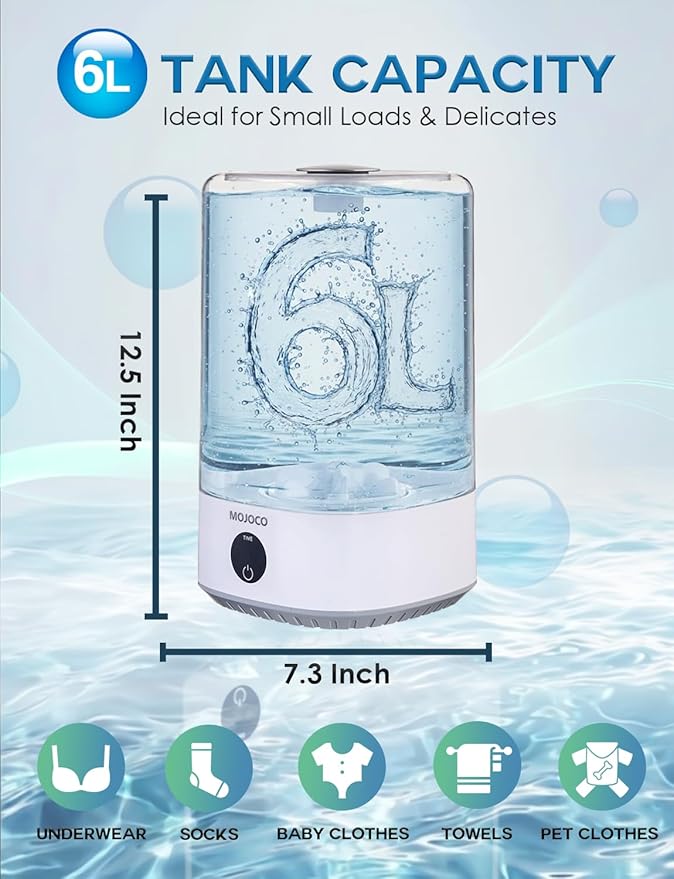Mojoco Mini Washing Machine - 6L Small Portable Washing Machine with 3 Wash Modes for Underwear, Socks & Baby Clothes - Rechargeable Countertop Mini Washer for Dorms, Hotels, Travel & Camping