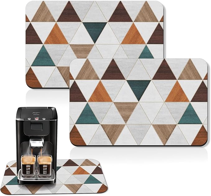 Arttown Coffee Mat for Countertops, Modern Minimalist Geometric Patchwork Brown Dish Drying Mat 2 Pcs for Kitchen Bar Accessories, Coffee Maker Espresso Machine Dish Rack Hide Stain Rubber 12x19in