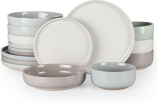 HaWare 16-Piece Plates and Bowls Set for 4, Stoneware Dinnerware Sets with Pasta Bowl, Dishes Set for Home Restaurant, Speckled Multicolor