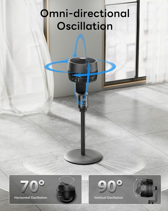 Abolee Pedestal Fan for Bedroom, 100ft Air Circulator Quiet Standing Fan, DC Motor, 4 Speeds & 4Modes, 24H Timer, 70°+90°Oscillation,Remote Control,Floor Fan for Bedroom Living Room Kitchen, Black