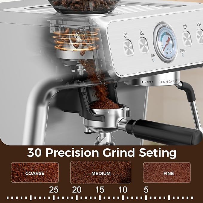 Espresso Machine with Grinder, 20 Bar Expresso Coffee Machines, Professional Coffee Maker for Latte & Cappuccino with Milk Frother, Expresso Machines for Home, Removable Water Tank, Steam Wand-Silver