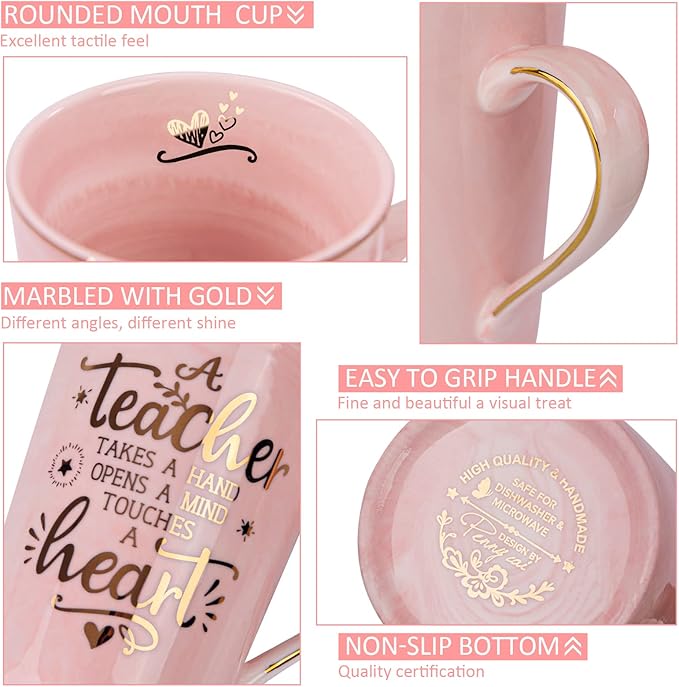 Unique Teacher Appreciation Gifts for Women - Best Teachers Mug for Teachers from Student, 14Oz Pink Marble Ceramic Gold Print Teacher Cup, End of Year Birthday Retirement Graduation, Nice Gift Boxed