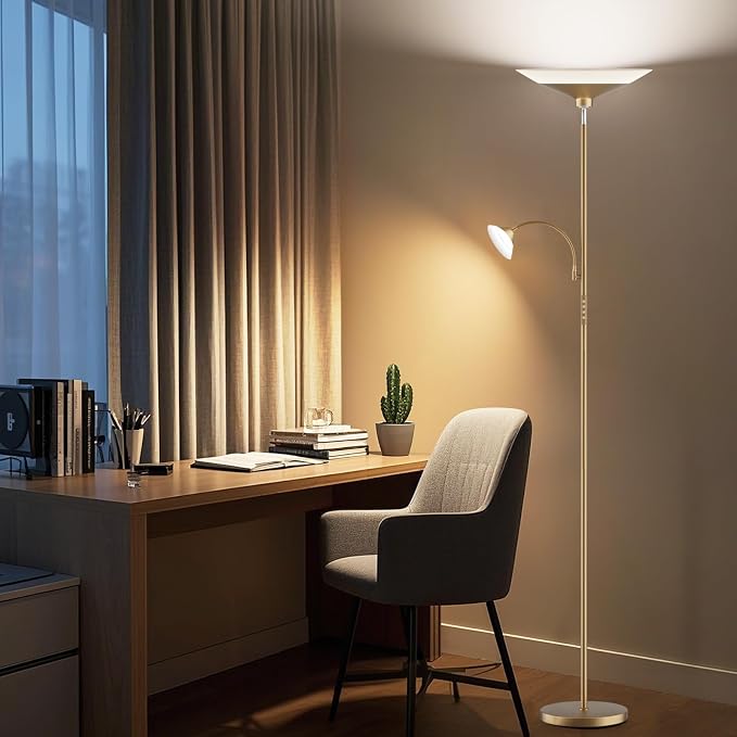 SIBRILLE Gold Torchiere Floor Lamp - 2 Way LED Standing Lamp with Reading Light, Dimmable 72'' Tall Lamp with Remote Color Changing, 34W Mordern Uplighter for Living Room Bedroom Office