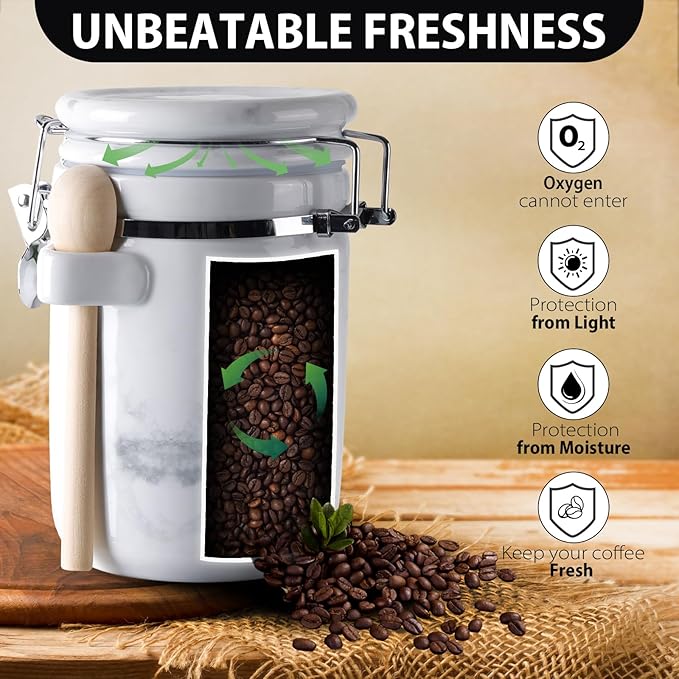 4-Piece Airtight Ceramic Canisters Set with Wooden Spoons & Chalk Labels – Perfect for Coffee, Sugar, Flour, Tea (Marble) – Stylish & Leakproof Kitchen Storage