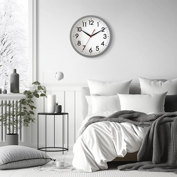 AKCISOT 10 Inch Wall Clock, Battery Operated Analog Clock, Silent Non-Ticking, Ideal for Bedroom, Bathroom, Kitchen, Office and School, Gray