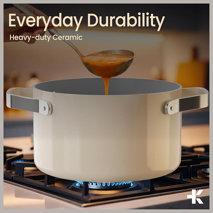 Bakken 5 Quart Ceramic Coated Stock Pot with Lid, Easy to Clean Nonstick Pot, Tempered Glass Lid, Riveted Stainless Steel Handles, Oven Safe Up To 500°F, PTFE & PFAS Free, All Stove Compatible, Cream