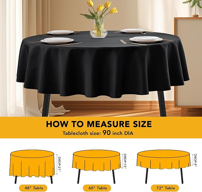 6-Pack Black Round Tablecloths, 90 Inches, Stain-Resistant Polyester for 4-5 Ft Round Tables - Washable Table Covers for Weddings, Banquets, Birthday Parties, Events