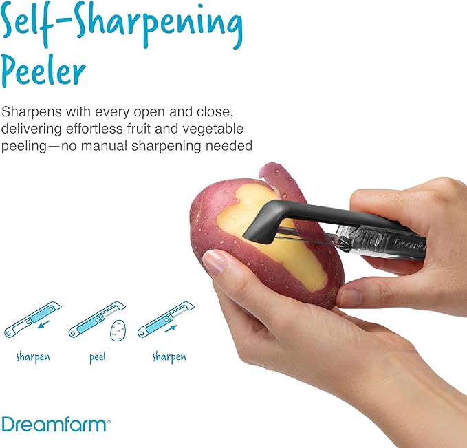 Dreamfarm Kitchen Cutting/Slicing Set – Nocutu, Bishears, Sharple – Mandoline with Flexible Finger Guard, 2‑in‑1 Scissors & Bone Cutter Herb Stripper, Self‑Sharpening Peeler – Stainless Steel Tools