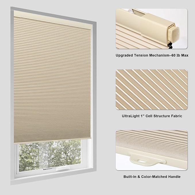 Tonature No Drill Cellular Shades for Indoor Windows, Thermal Insulating & Noise Reducing Honeycomb Blinds, Free Stop Cordless Blackout Shades, Beige,49" W x 64" H