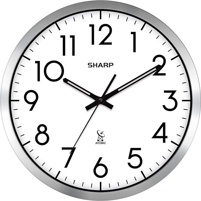 Sharp Atomic Analog Wall Clock - 12" Silver Brushed Finish Sets Automatically- Battery Operated Easy to Read Use: Simple, Style fits Any Decor