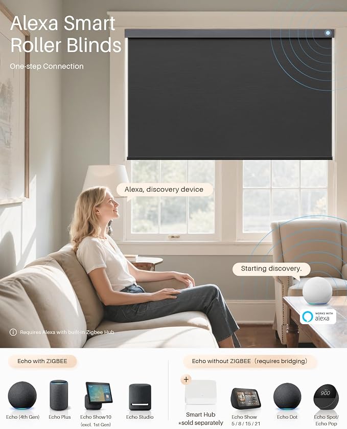 Smart Roller Shades for Windows, Alexa Blackout Motorized Blinds with Remote Control, Easy Install Automatic Electric Blinds for Indoor (20" W x 72" H, Black)