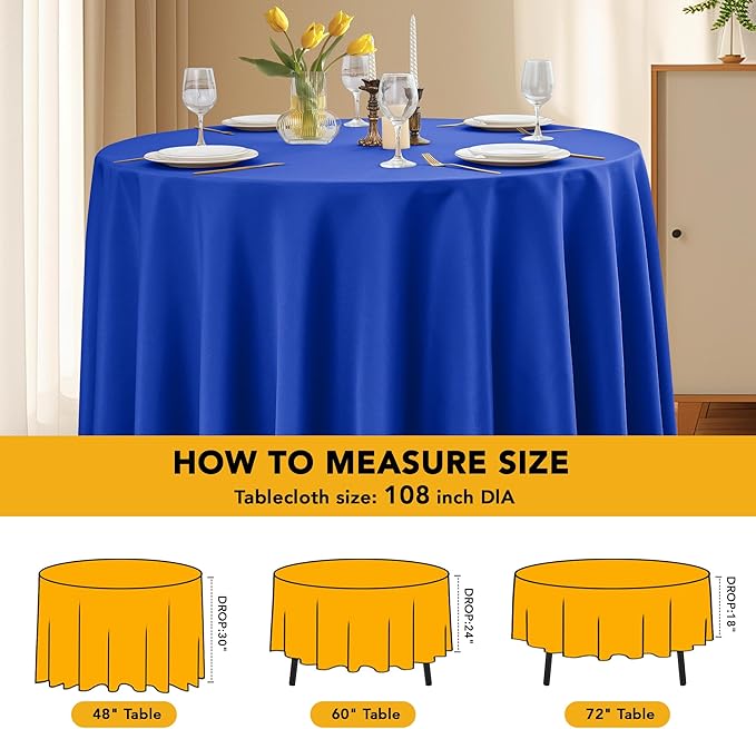 10-Pack Royal Blue Round Tablecloths, 108 Inches, Stain-Resistant Polyester for 4-5 Ft Round Tables - Washable Table Covers for Weddings, Banquets, Birthday Parties, Events