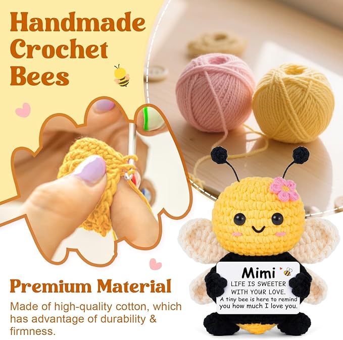 Mimi Gifts from Granddaughter Grandson, Mothers Day Birthday Gifts for Mimi - Cute Handmade Crochet Bee - Birthday Valentines Present for Grandma, Grandmother, Emotional Support Crochet Decor