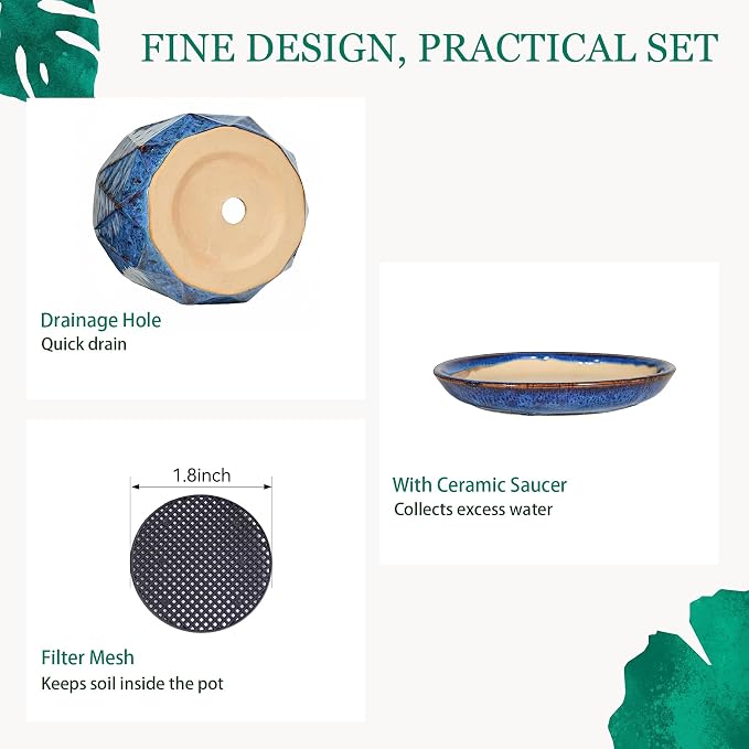 10 Inch Ceramic Plant Pot with Drainage Hole Mesh Net, Large Flower Pots for Indoor Plants with Saucer, Gardening Pots Outdoor, Blue