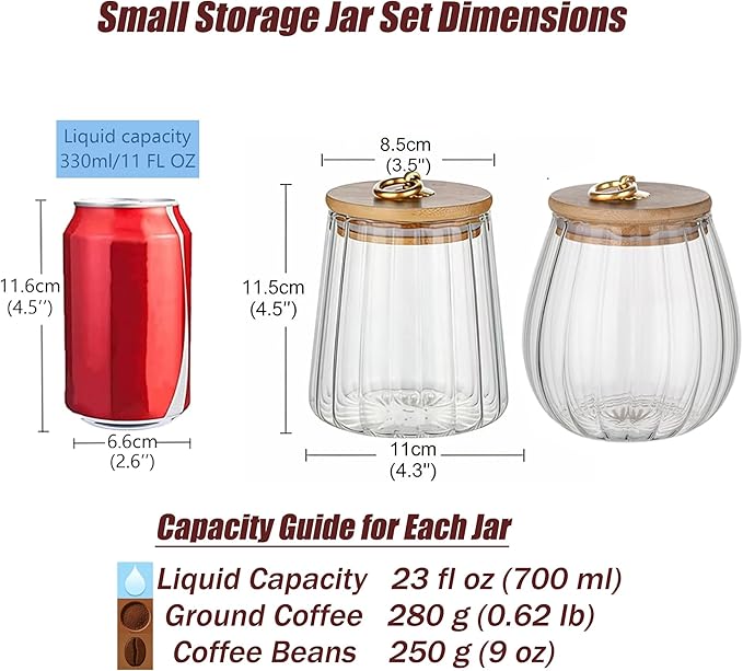 FANTESTICRYAN Small Glass Coffee Nuts Canister Airtight Storage Jar Petal Decorative Container with Bamboo Lid Metal Handle Easy to Grasp 700ml, 23 FL OZ (Set of 2)