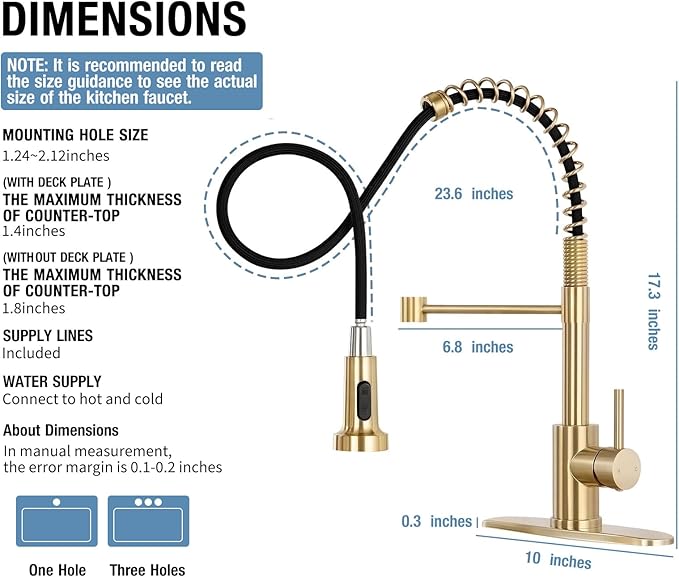 DJS Kitchen Faucets with Pull Down Sprayer Brushed Gold -Single Handle 1 or 3 Holes Spring Kitchen Sink Faucet with Deck Plate for Farmhouse RV Vessel Basin