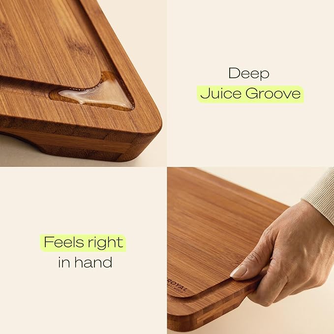 ROYAL CRAFT WOOD Wooden Cutting Boards for Kitchen Meal Prep & Serving - Bamboo Wood Cutting Board Set with Deep Juice Groove Side Handles - Charcuterie & Chopping Butcher Block for Meat (Set of 3)
