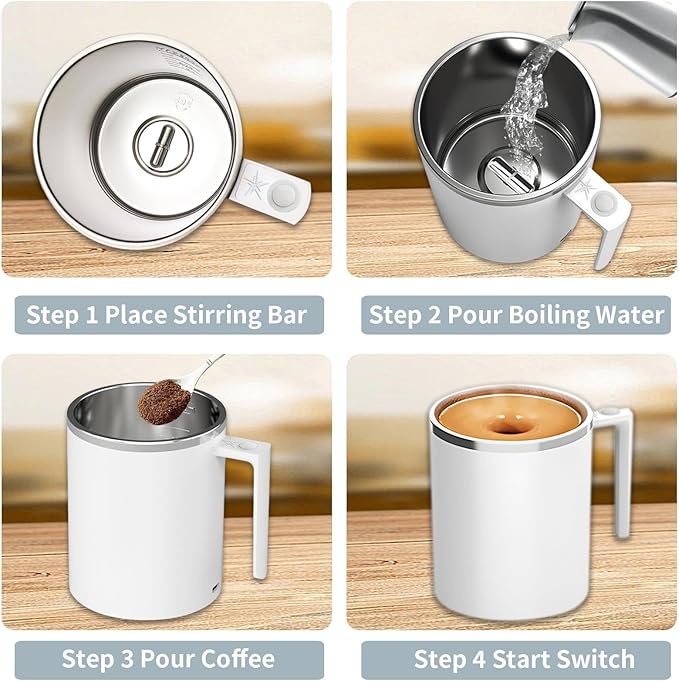 Self Stirring Mug, 12.2 oz Self Stirring Coffee Mug with Magnetic Stirrer & Anti-Sedimentation, Rechargeable Auto Magnetic Coffee Mug for Coffee, Milk, Hot Cocoa (White)