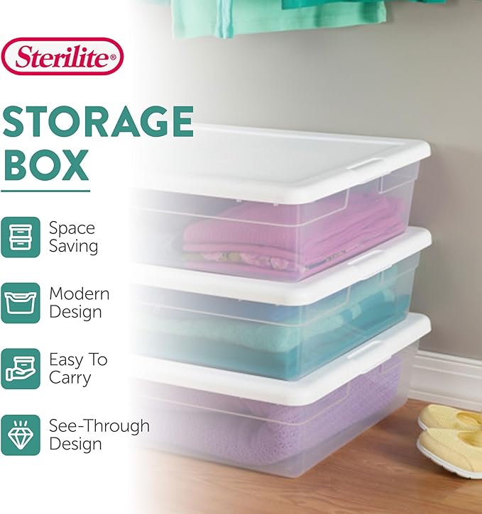 Sterilite Storage Box, Stackable Plastic Container Home Organizer, 28 Qt(10 Pack)