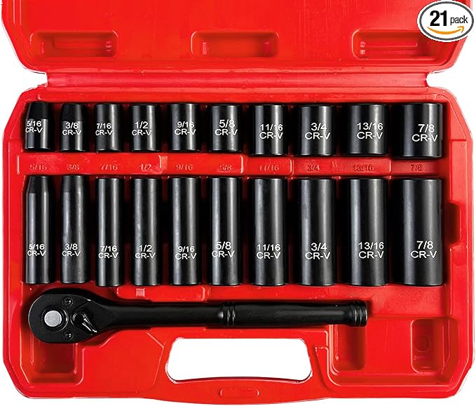 EACELIY 21pcs 3/8" Socket Set,Drive Impact Socket Set, SAE, Deep & Shallow, Cr-V Steel, 6 Point with Adapters, 72T Ratchet Handle, 5/16-7/8inch