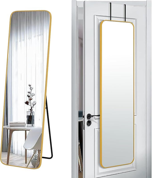SCWF-GZ 57x16 Full Length Mirror Over The Door Hanging, Floor Stand/Wall Mounted Aluminum Alloy Frame Dressing Mirror for Bedroom Living Room 57 inch Gold
