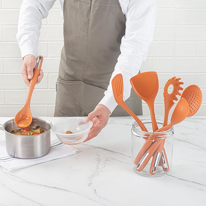 Restaurantware Silicone Utensil Set Pack of 1 Non-Slip Handle 6-Piece Kitchen Tool Set, Heat-Resistant Dishwasher-Friendly Cooking Accessories, Durable Orange Cooking Utensils