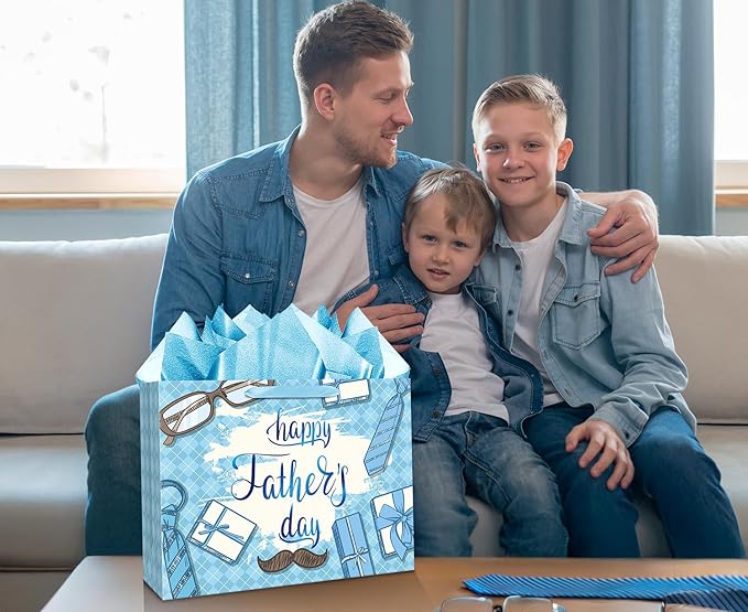 Jaywayang 15.7" Extra Large Happy Father's Day Gift Bag with Card and Tissue Paper (Blue Diamond Grid)