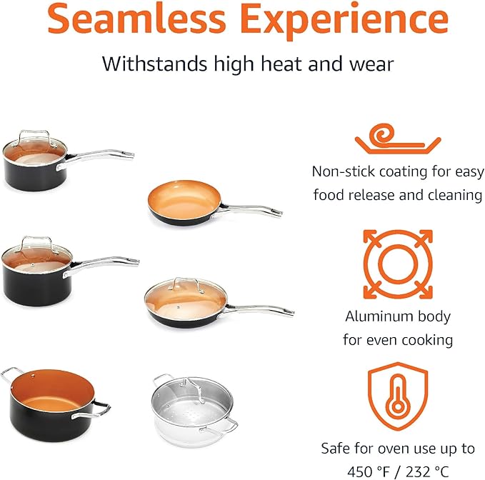 Amazon Basics Ceramic Nonstick Cookware Set, Induction Ready, Dishwasher & Oven Safe, Even Heating, 10-Piece Set with Frying Pans, Saucepans, Glass Lids, Copper Color
