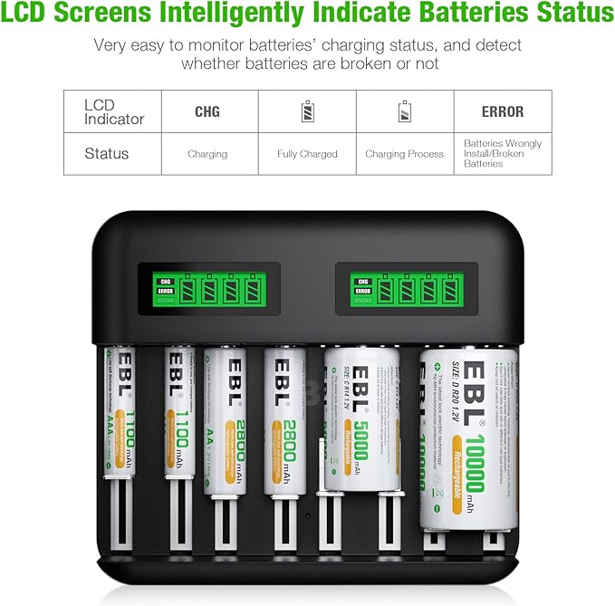 EBL Rechargeable C Batteries (4 Pack) and LCD Smart Battery Charger for Ni-MH AA AAA C D Rechargeable Batteries