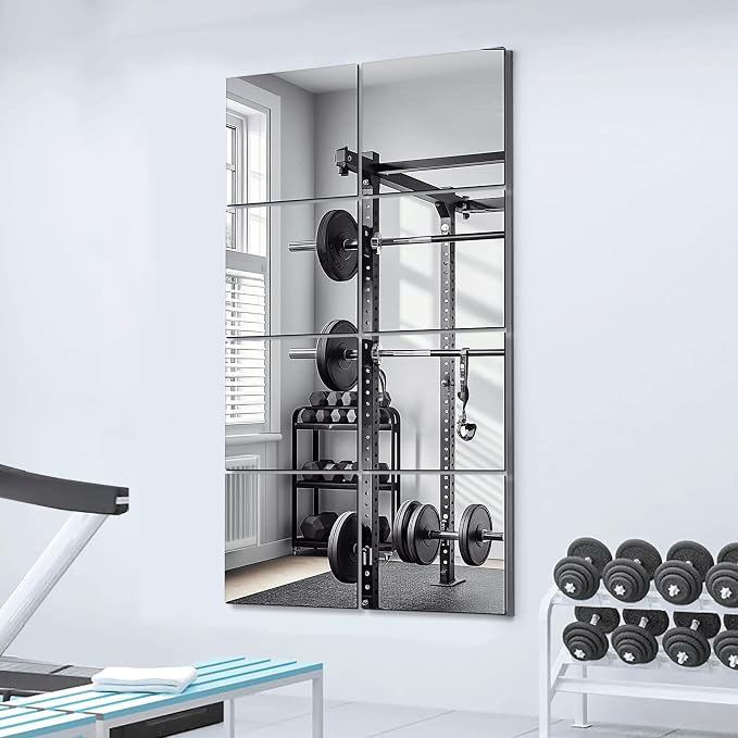 Delma Glass Mirror Tiles, 12'' x 12'', 8 PCS | Square Large Wall Mirror, For Home Gym, Bedroom, Door, Bathroom, Frameless Mirror Sets