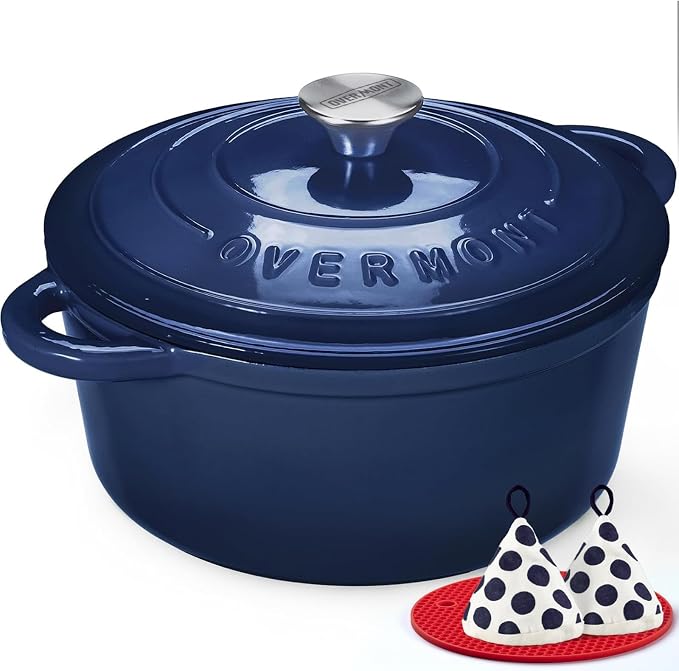 Overmont Enameled Cast Iron Dutch Oven - 7QT Pot with Lid Cookbook & Cotton Potholders - Heavy-Duty Cookware for Braising, Stews, Roasting, Bread Baking IndigoBlue
