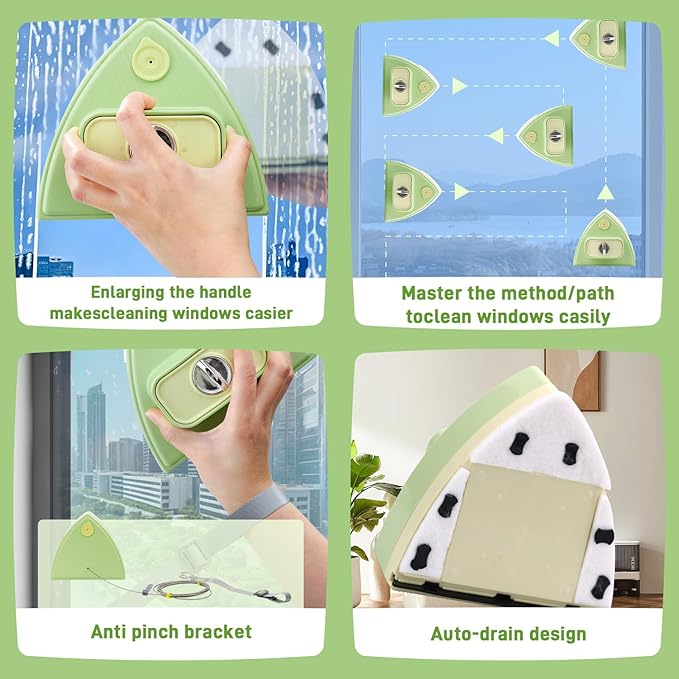 Double-Sided Magnetic Window Cleaner - Adjustable Magnetic Double Window Wiper, Fits 3-30 mm Glass Thickness, 2.5m Safety Rope for High-Rise & Auto Glass, Safe Anti-Pinch Wiper(Green)
